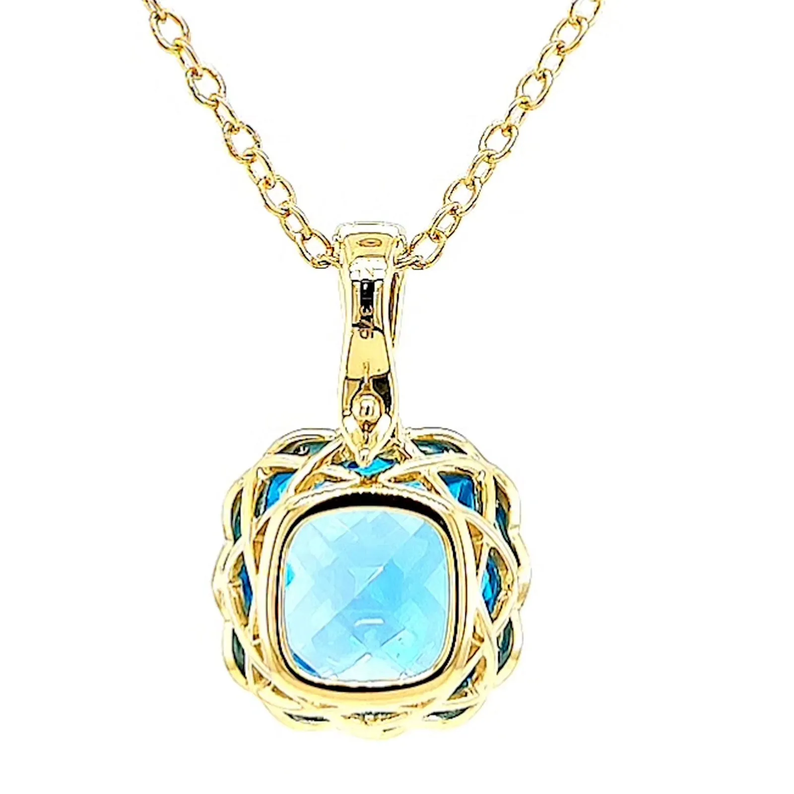 9ct Two Tone Gold Cushion & Round Brilliant Cut Blue Topaz & Diamond Set Pendant