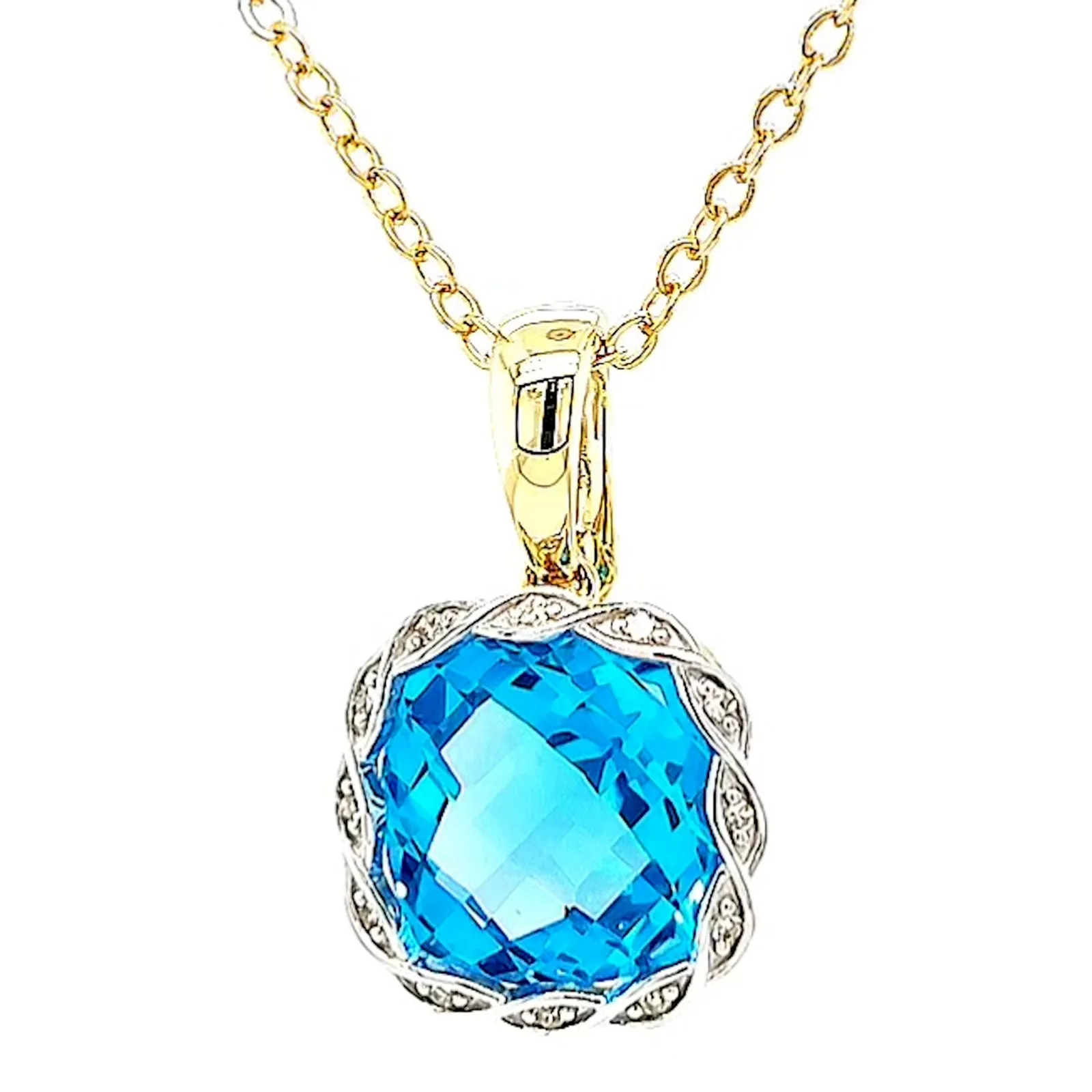 9ct Two Tone Gold Cushion & Round Brilliant Cut Blue Topaz & Diamond Set Pendant