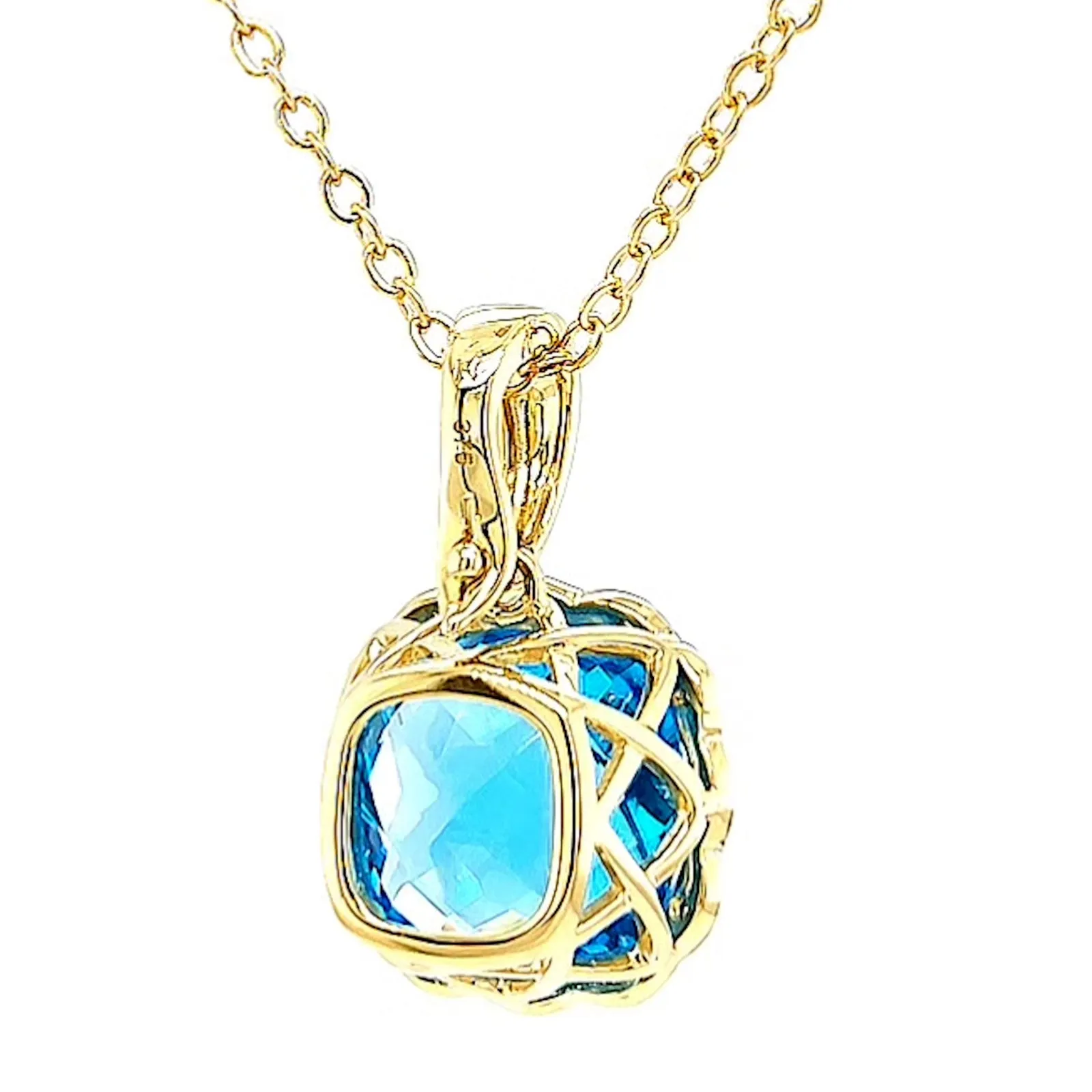 9ct Two Tone Gold Cushion & Round Brilliant Cut Blue Topaz & Diamond Set Pendant