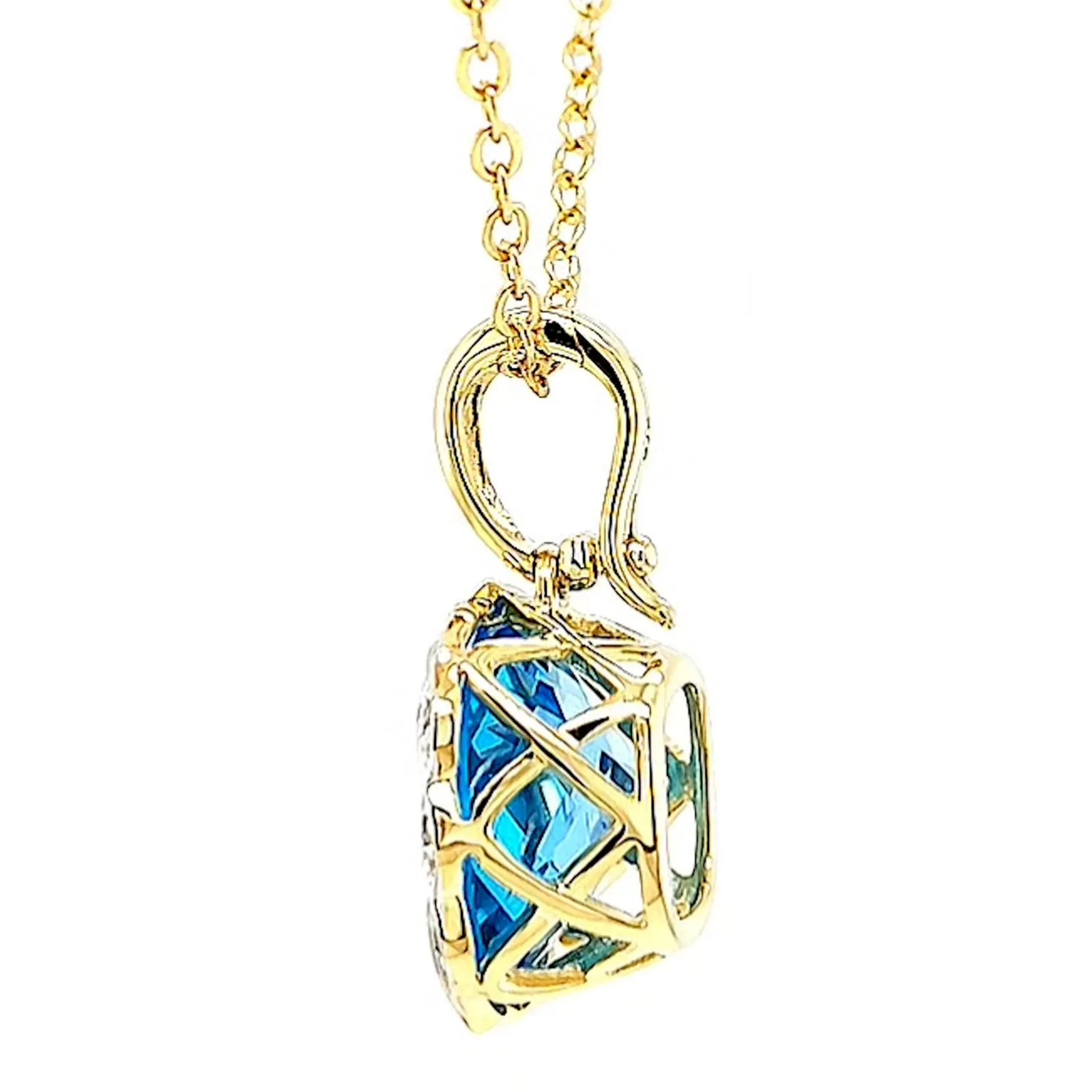 9ct Two Tone Gold Cushion & Round Brilliant Cut Blue Topaz & Diamond Set Pendant