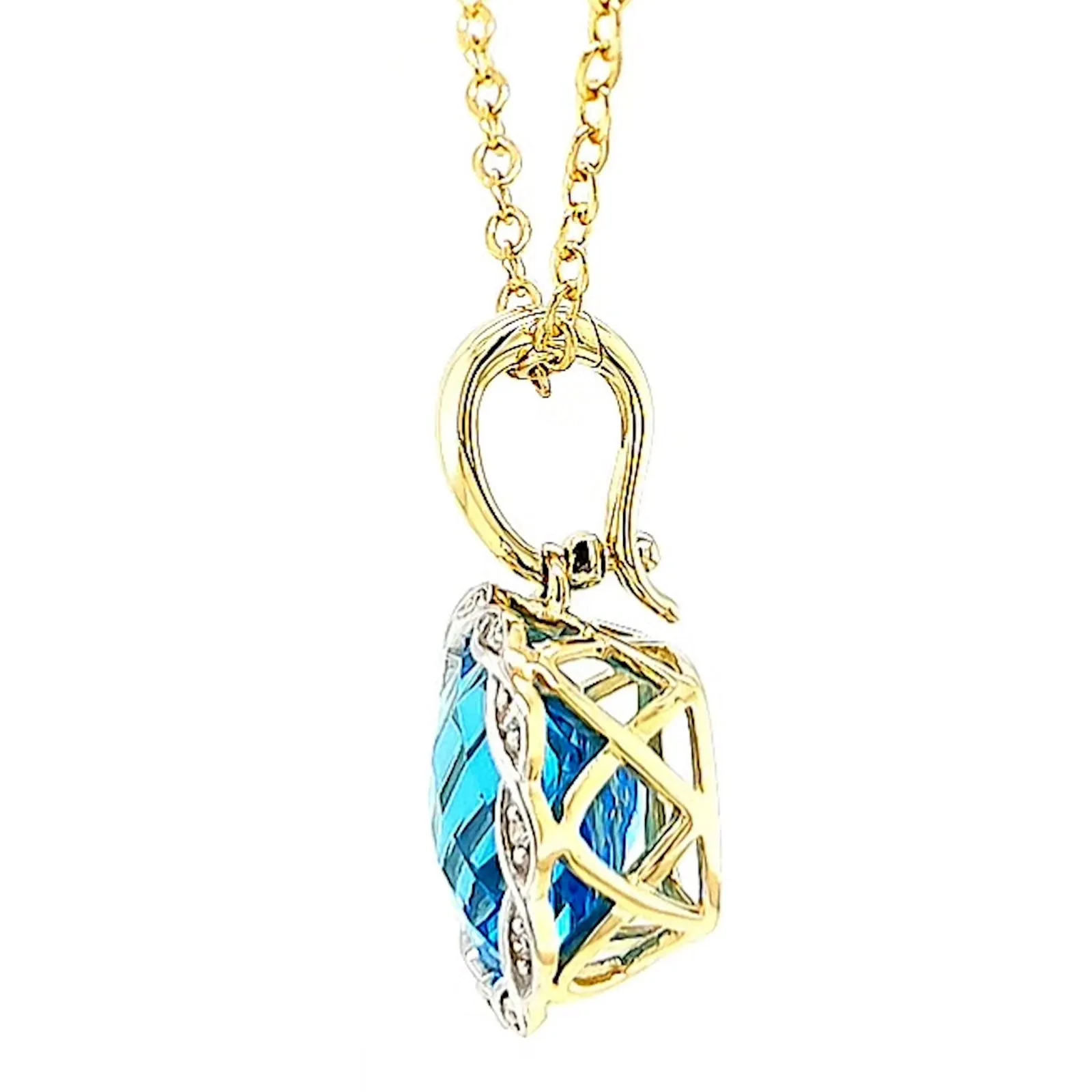 9ct Two Tone Gold Cushion & Round Brilliant Cut Blue Topaz & Diamond Set Pendant