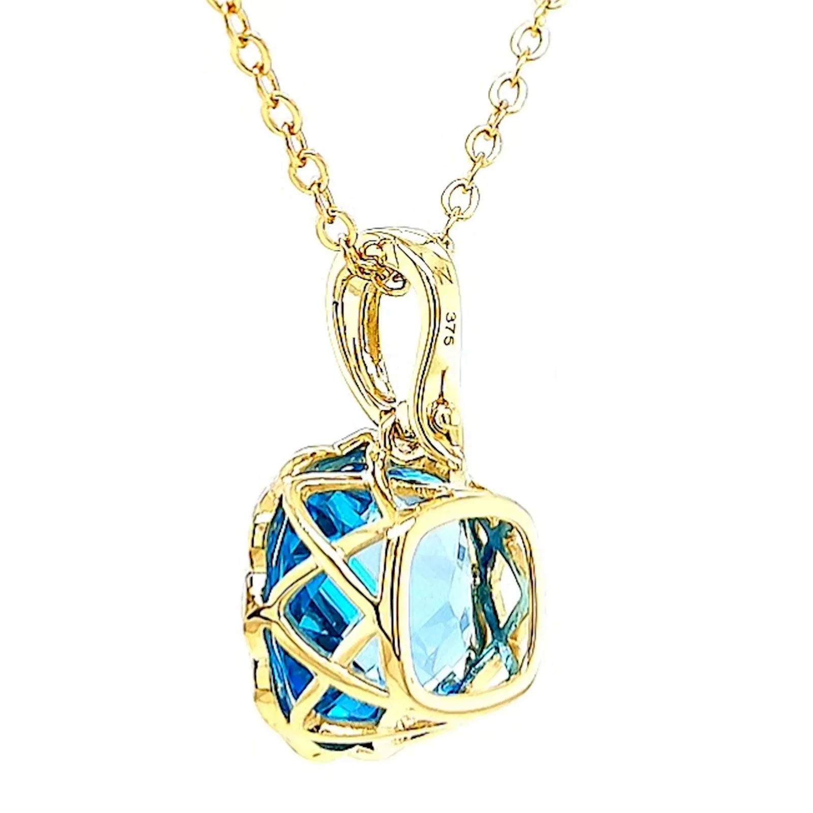 9ct Two Tone Gold Cushion & Round Brilliant Cut Blue Topaz & Diamond Set Pendant