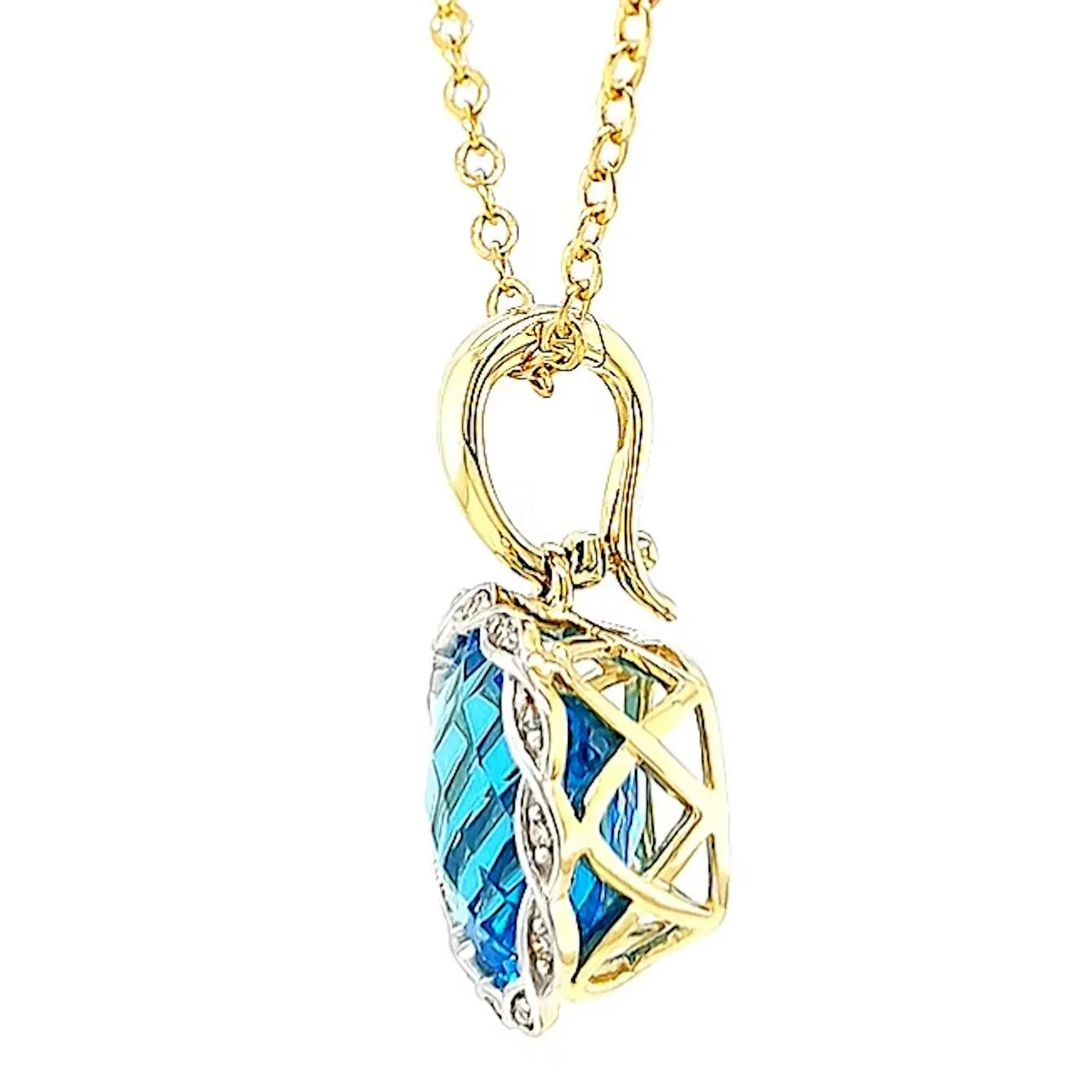 9ct Two Tone Gold Cushion & Round Brilliant Cut Blue Topaz & Diamond Set Pendant