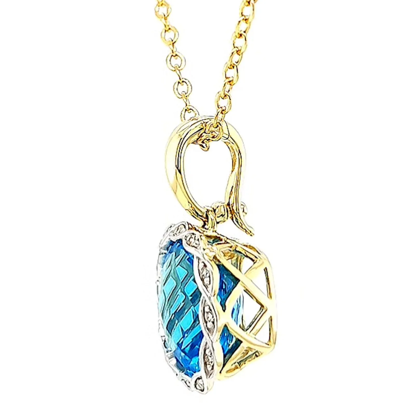 9ct Two Tone Gold Cushion & Round Brilliant Cut Blue Topaz & Diamond Set Pendant