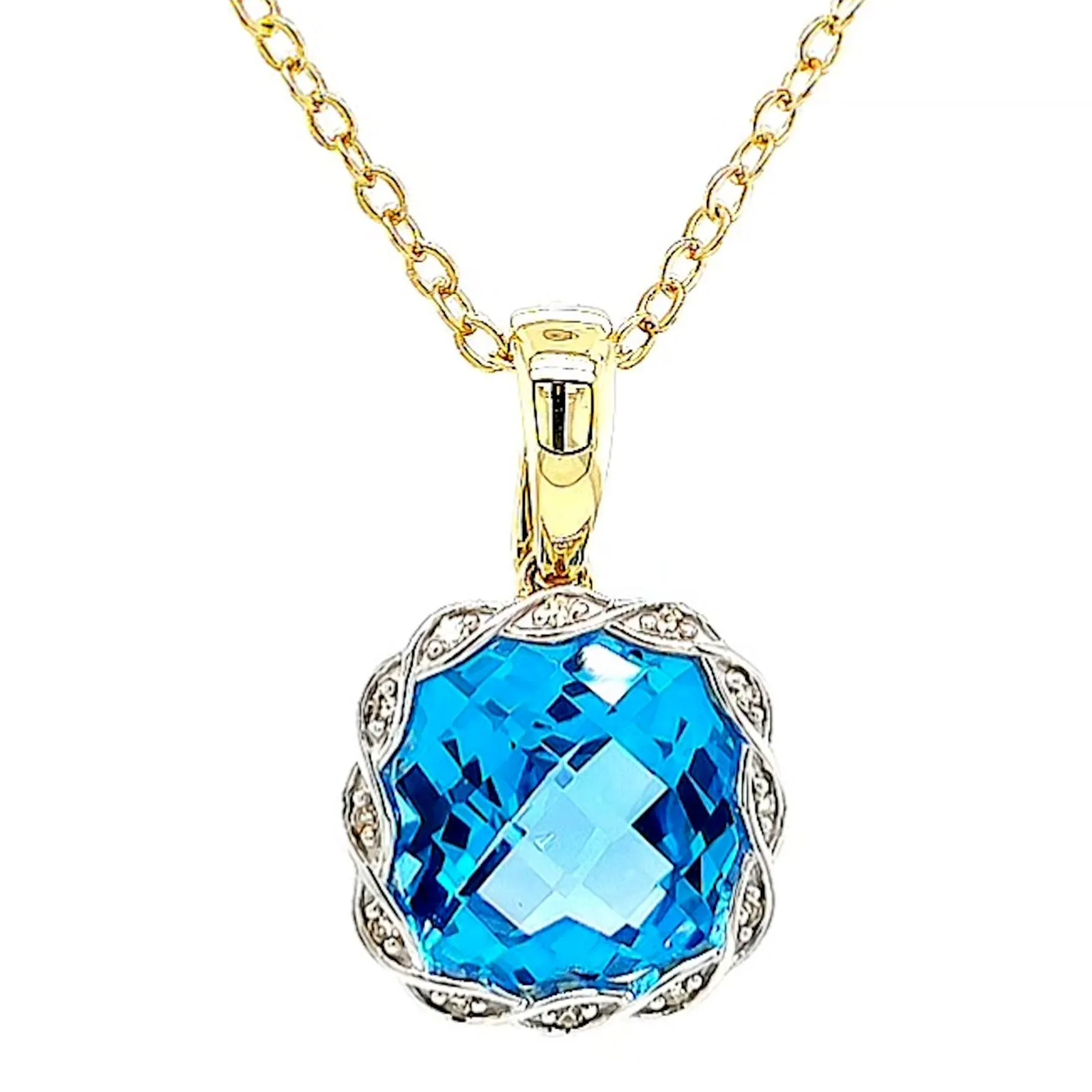 9ct Two Tone Gold Cushion & Round Brilliant Cut Blue Topaz & Diamond Set Pendant