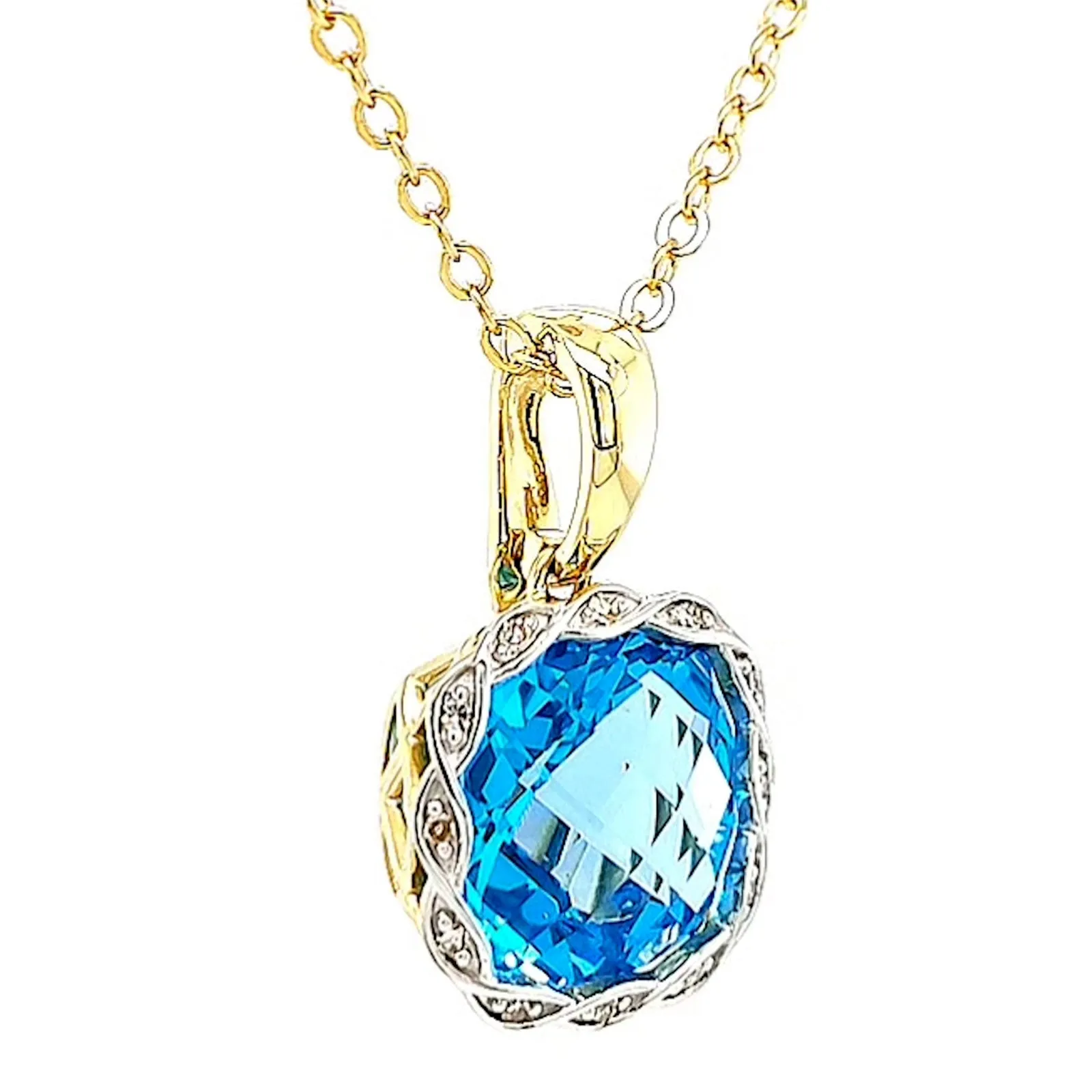 9ct Two Tone Gold Cushion & Round Brilliant Cut Blue Topaz & Diamond Set Pendant