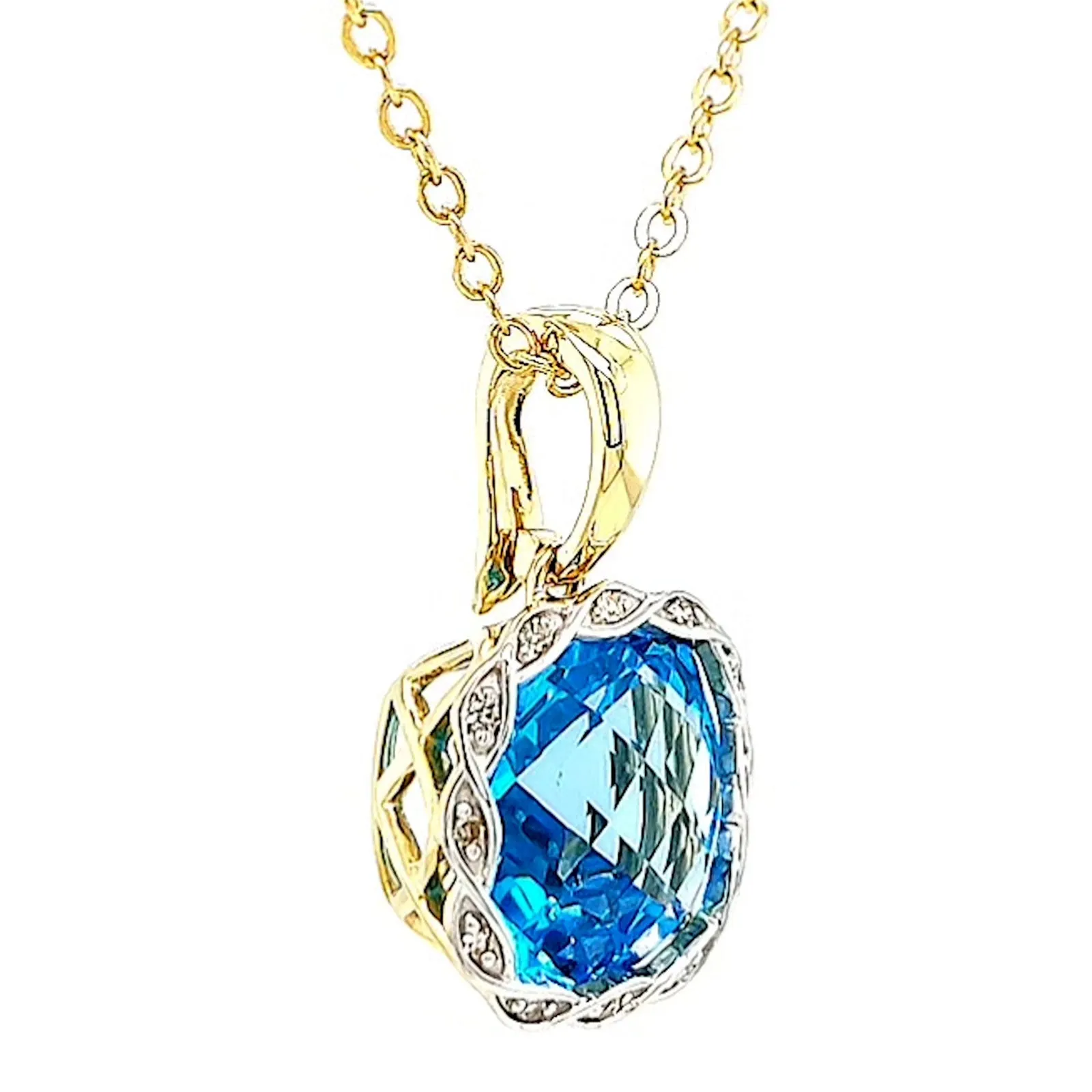 9ct Two Tone Gold Cushion & Round Brilliant Cut Blue Topaz & Diamond Set Pendant