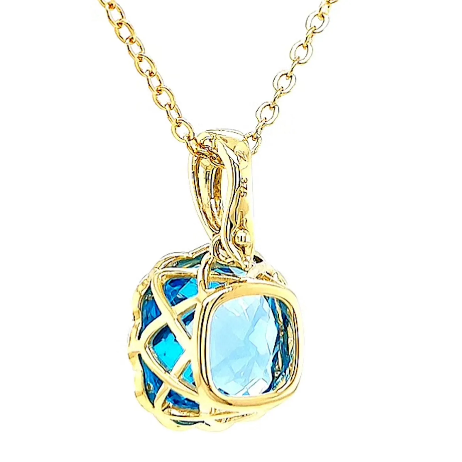 9ct Two Tone Gold Cushion & Round Brilliant Cut Blue Topaz & Diamond Set Pendant