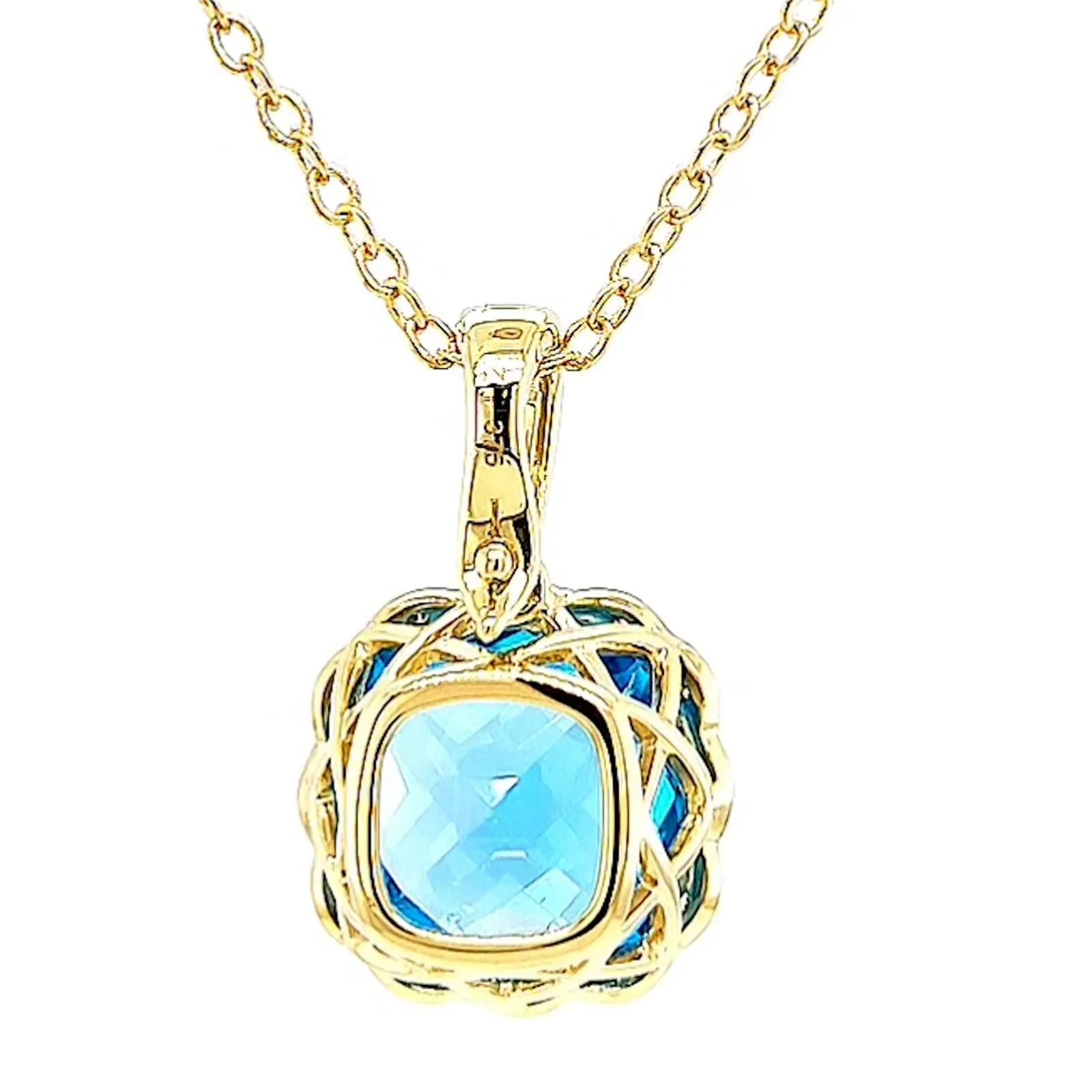 9ct Two Tone Gold Cushion & Round Brilliant Cut Blue Topaz & Diamond Set Pendant