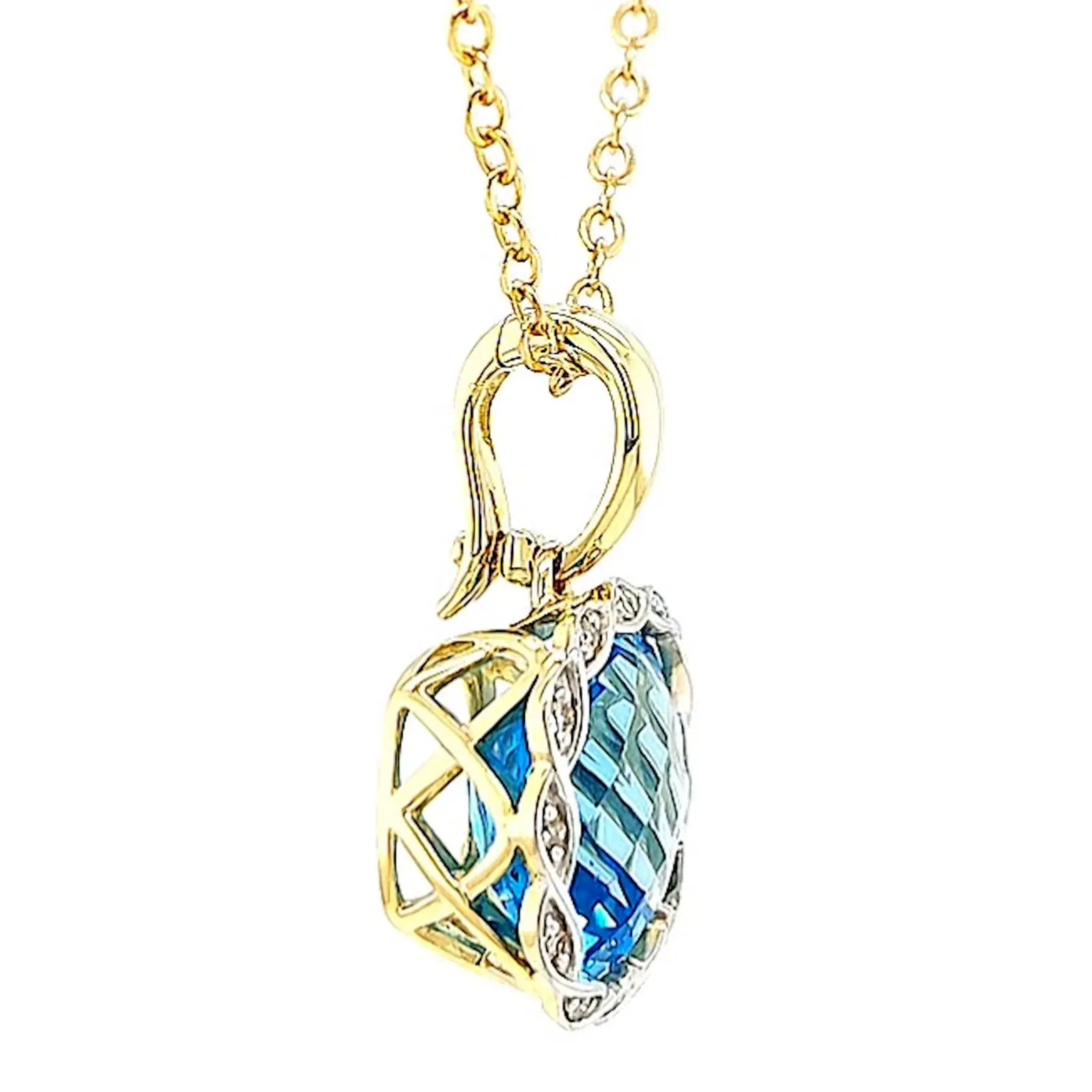 9ct Two Tone Gold Cushion & Round Brilliant Cut Blue Topaz & Diamond Set Pendant