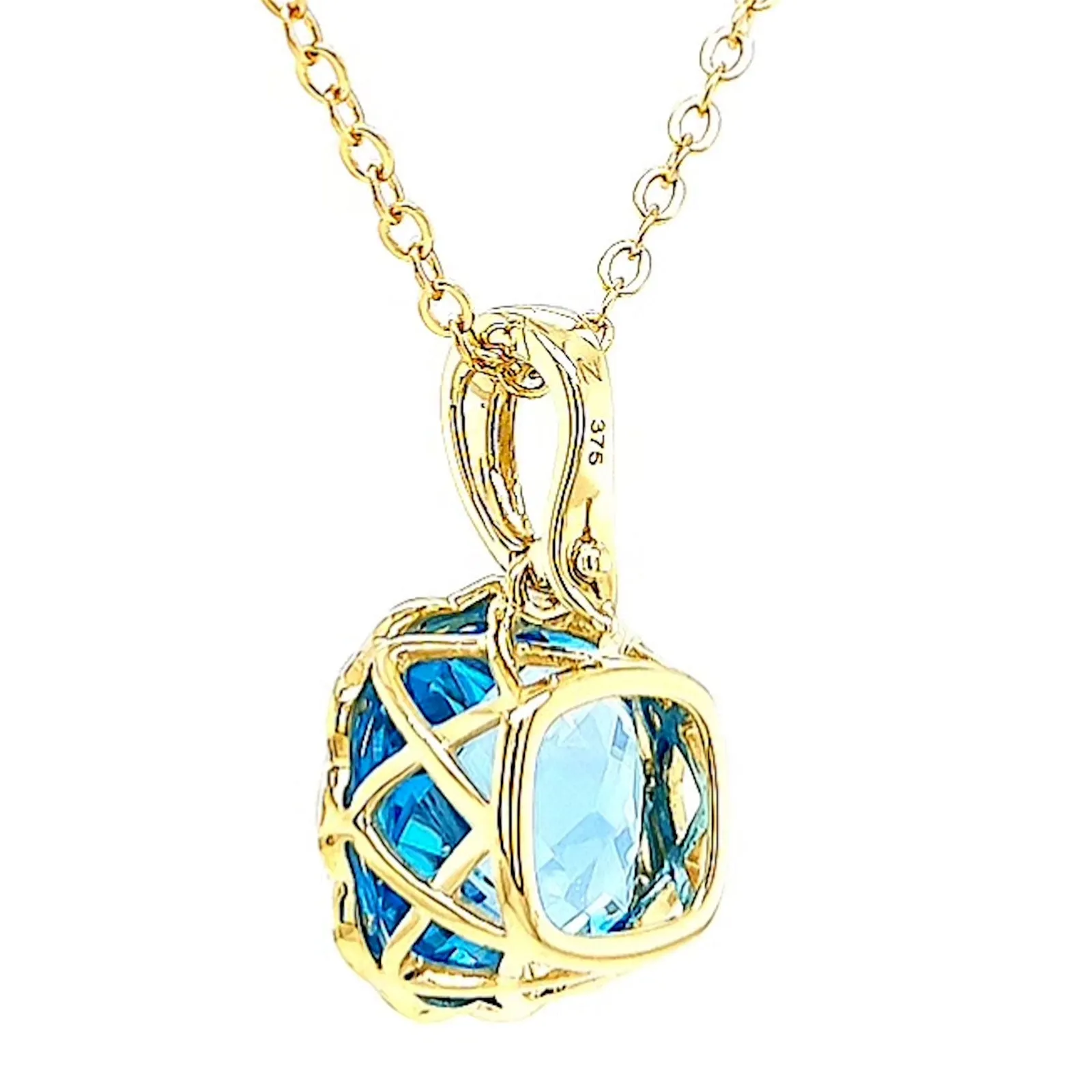 9ct Two Tone Gold Cushion & Round Brilliant Cut Blue Topaz & Diamond Set Pendant