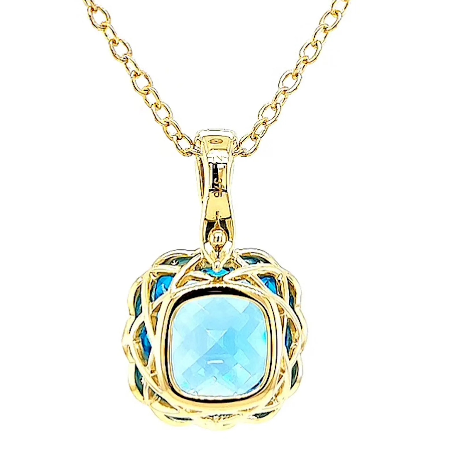 9ct Two Tone Gold Cushion & Round Brilliant Cut Blue Topaz & Diamond Set Pendant