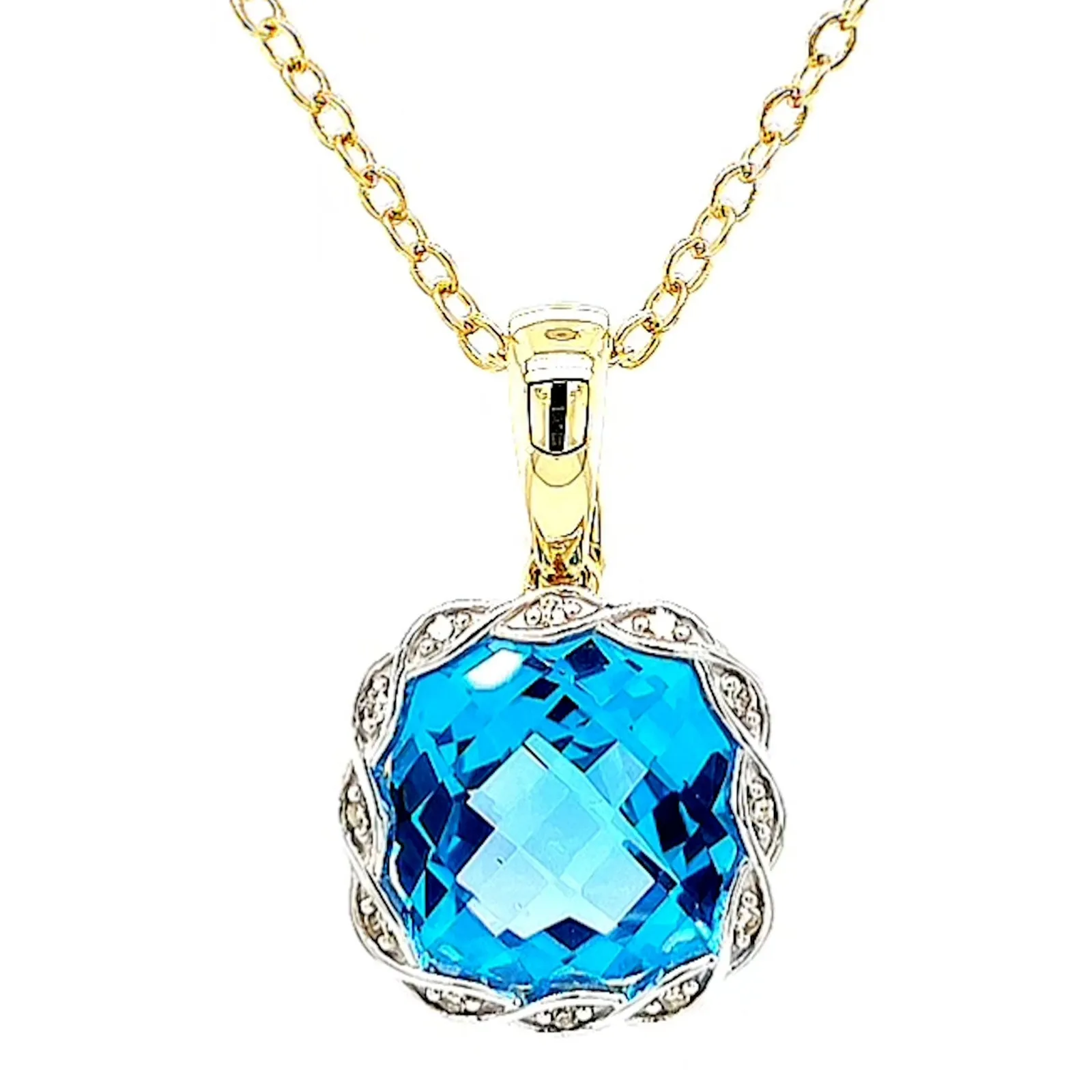 9ct Two Tone Gold Cushion & Round Brilliant Cut Blue Topaz & Diamond Set Pendant