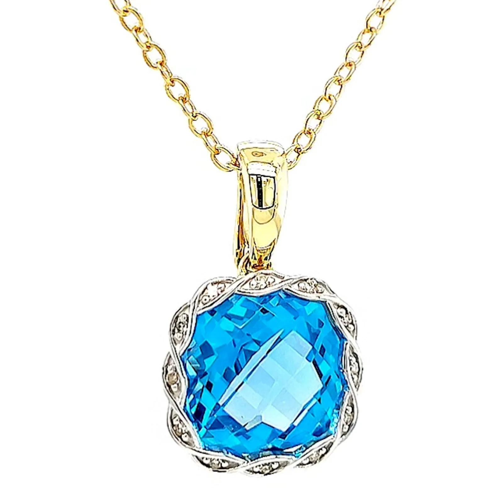 9ct Two Tone Gold Cushion & Round Brilliant Cut Blue Topaz & Diamond Set Pendant