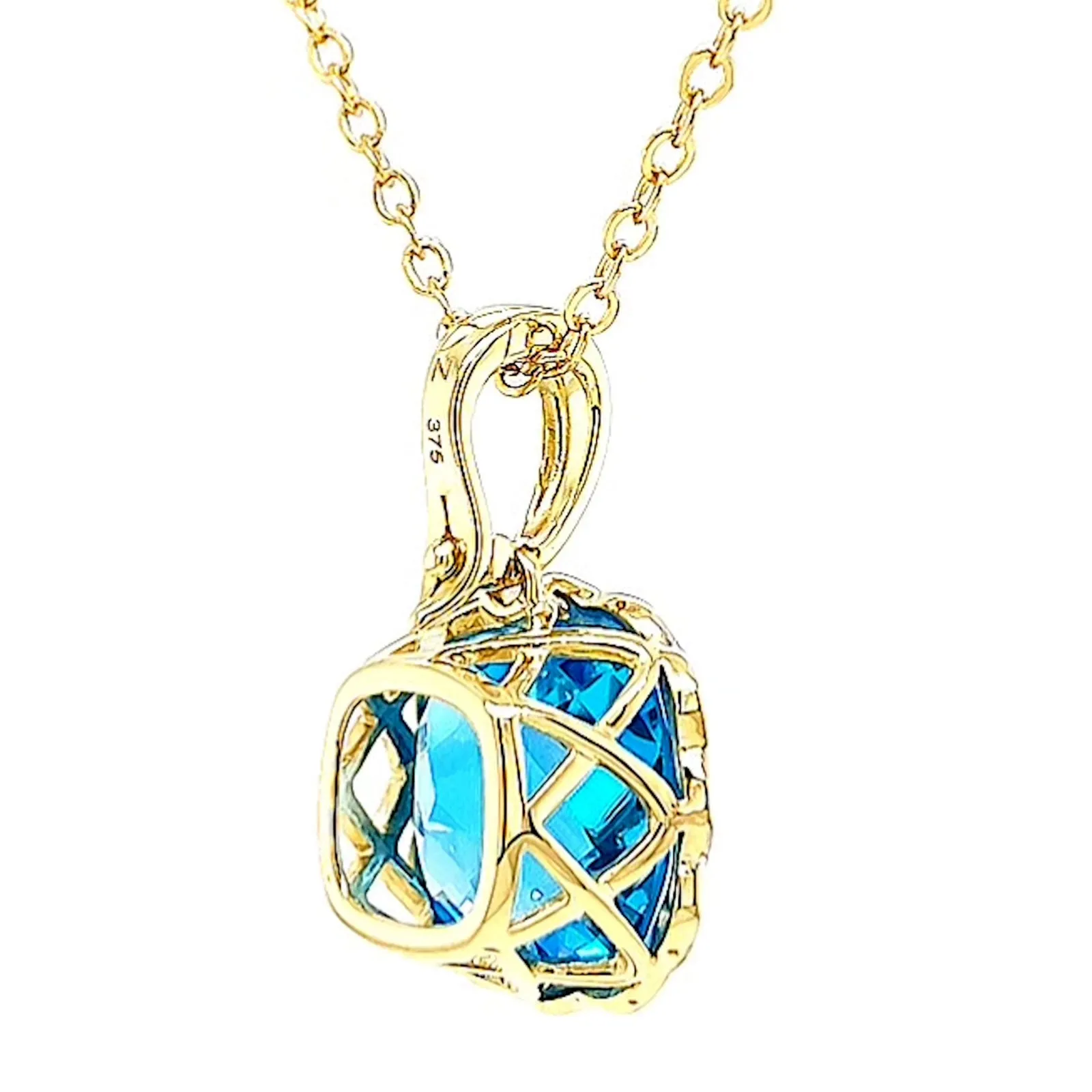 9ct Two Tone Gold Cushion & Round Brilliant Cut Blue Topaz & Diamond Set Pendant