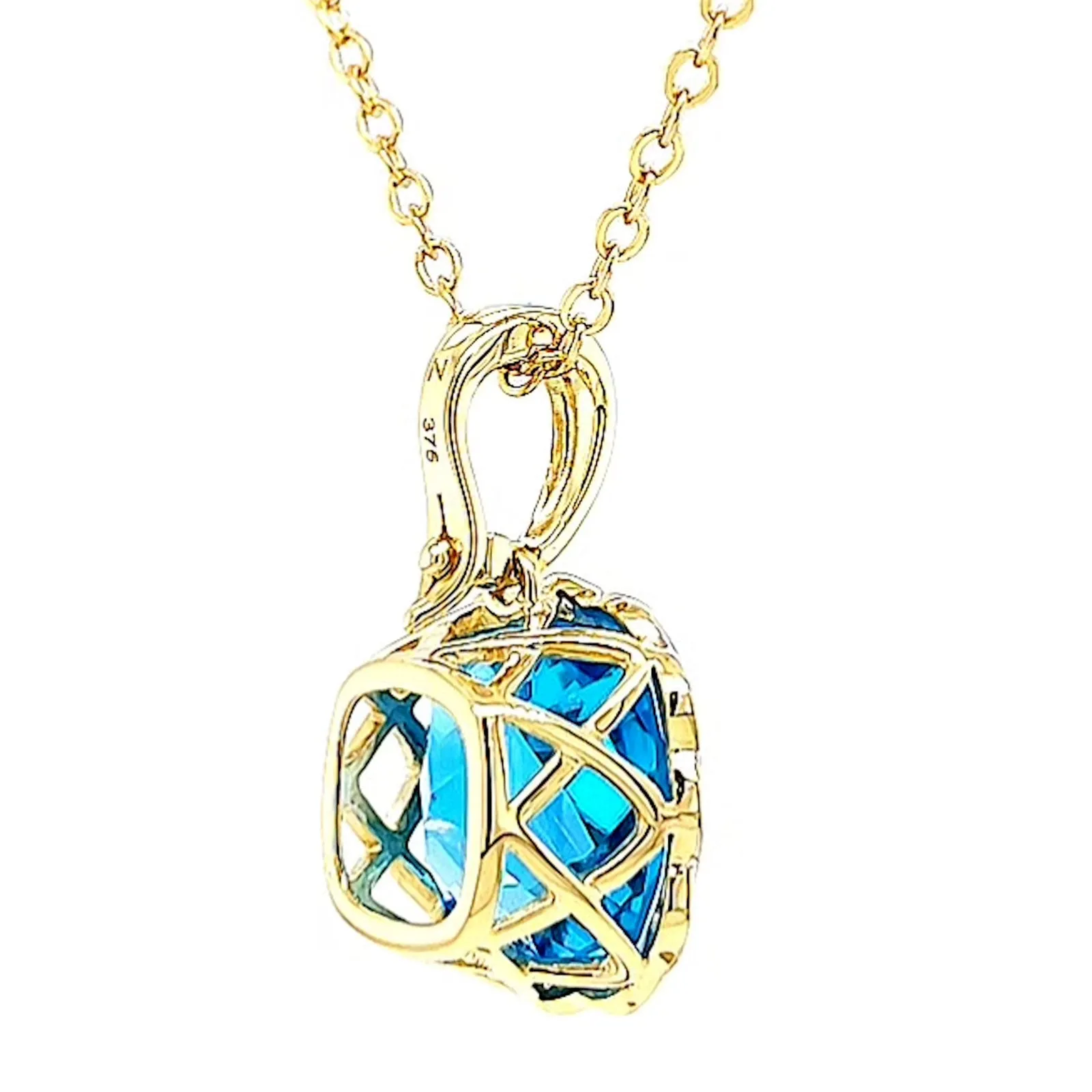 9ct Two Tone Gold Cushion & Round Brilliant Cut Blue Topaz & Diamond Set Pendant