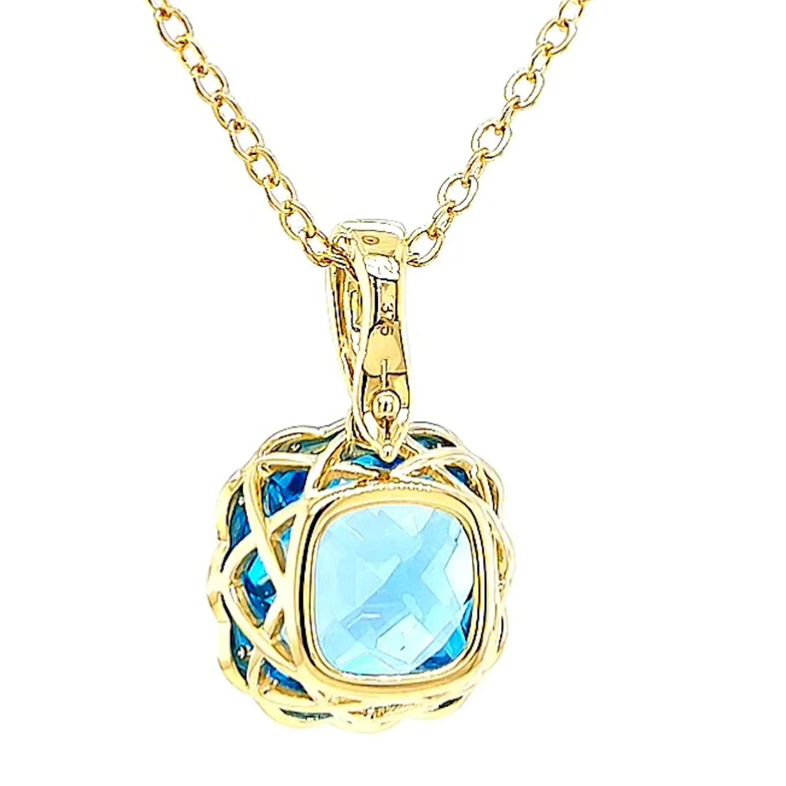 9ct Two Tone Gold Cushion & Round Brilliant Cut Blue Topaz & Diamond Set Pendant