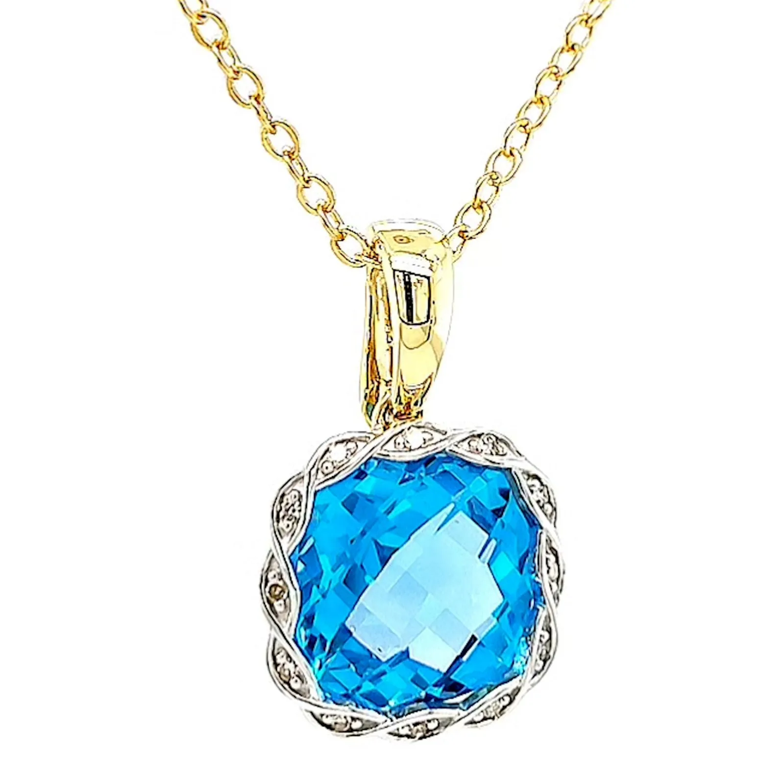 9ct Two Tone Gold Cushion & Round Brilliant Cut Blue Topaz & Diamond Set Pendant