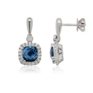 9ct White Gold Earth Grown Diamond & Blue Topaz Cushion Earrings