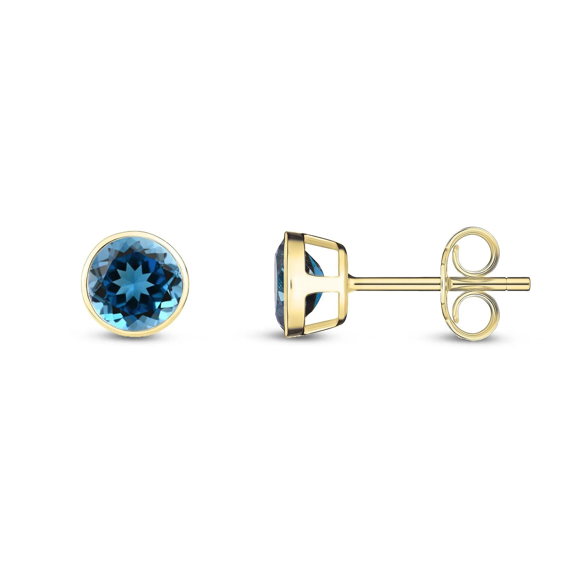 9ct Yellow Gold 5mm Round Rubover London Blue Topaz Stud Earrings 1.08ct