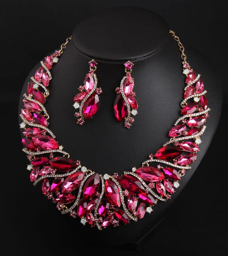 American exaggerated crystal gem short collarbone necklace earrings set