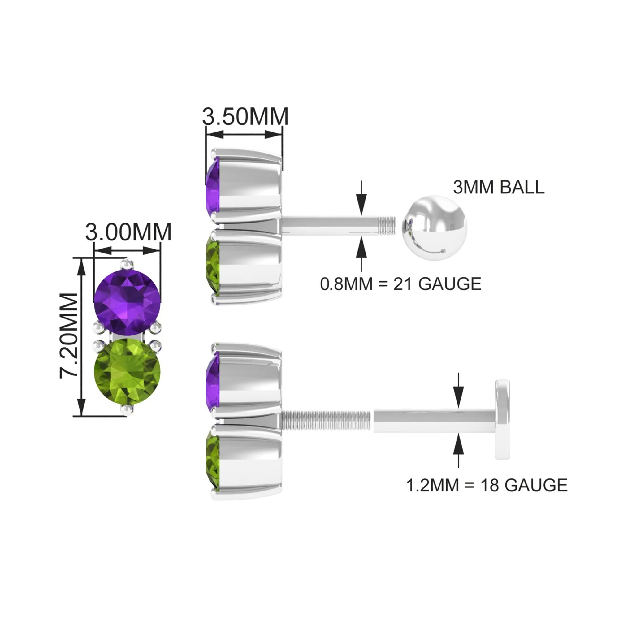 Amethyst and Peridot Two Stone Helix Earring