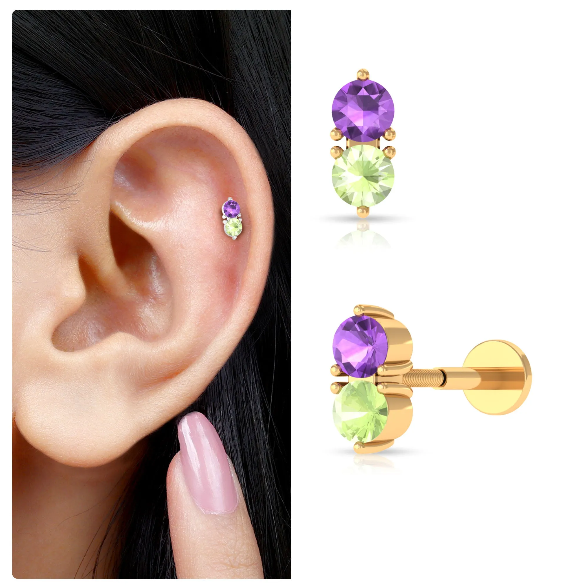 Amethyst and Peridot Two Stone Helix Earring