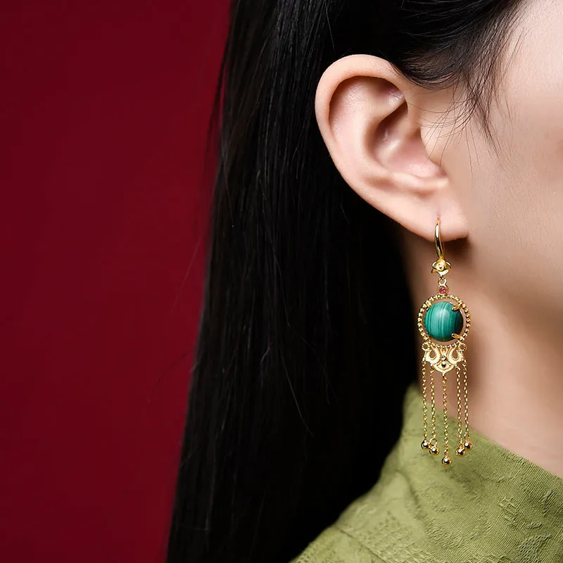 Ancient Style Long Tassel Hetian Jade Malachite Auspicious Cloud Earrings