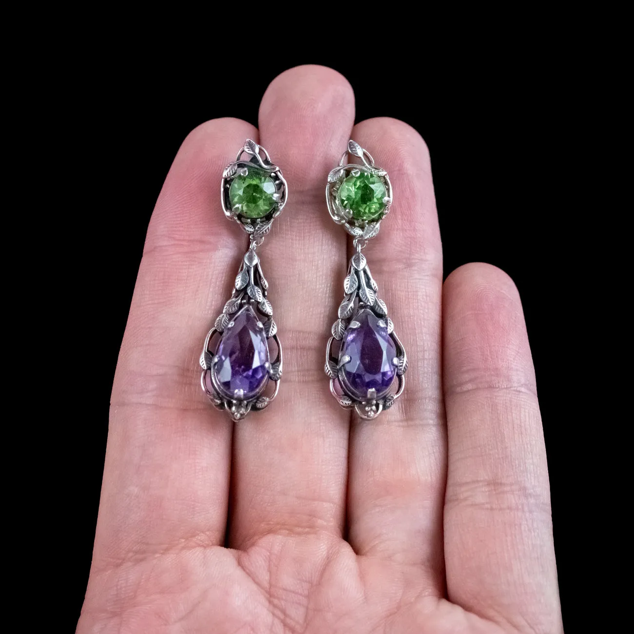 Antique Edwardian Arts And Crafts Amethyst Peridot Drop Earrings