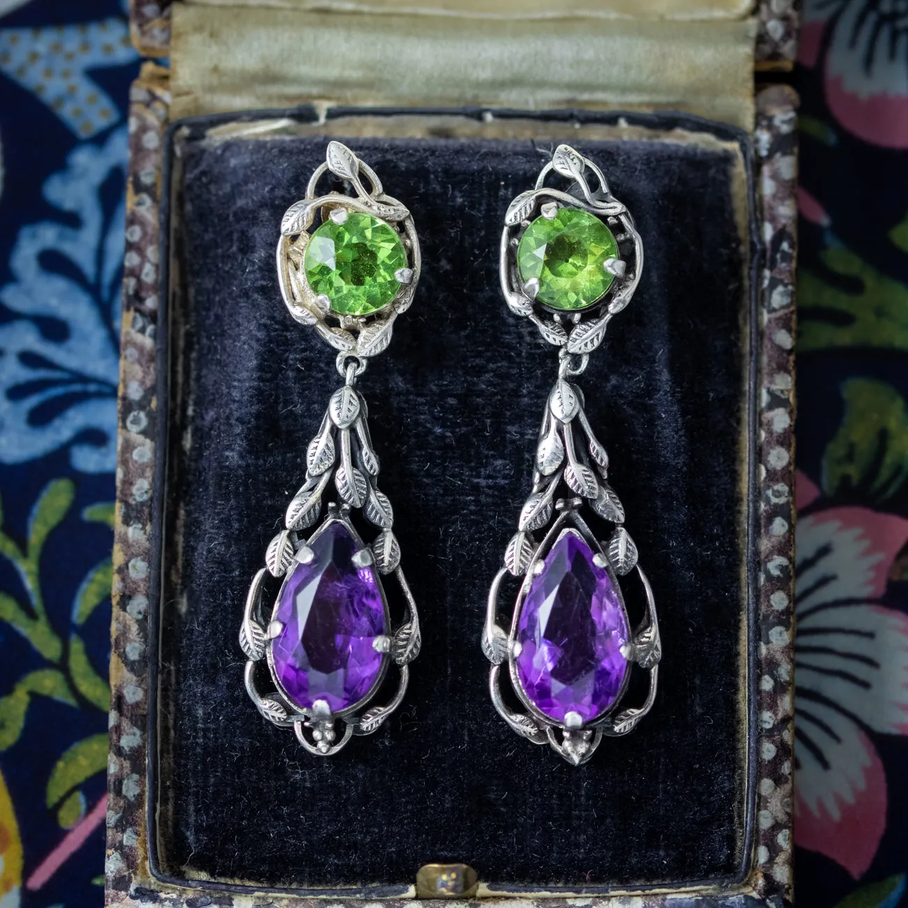 Antique Edwardian Arts And Crafts Amethyst Peridot Drop Earrings