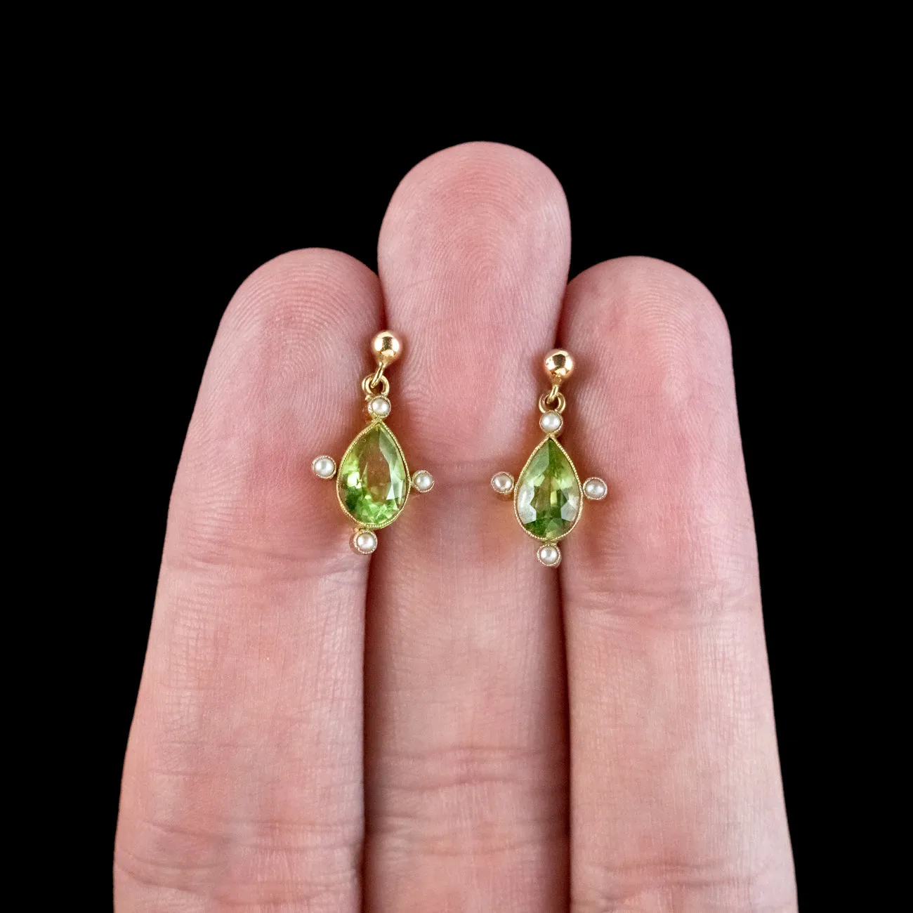 Antique Edwardian Peridot Pearl Drop Earrings 9ct Gold