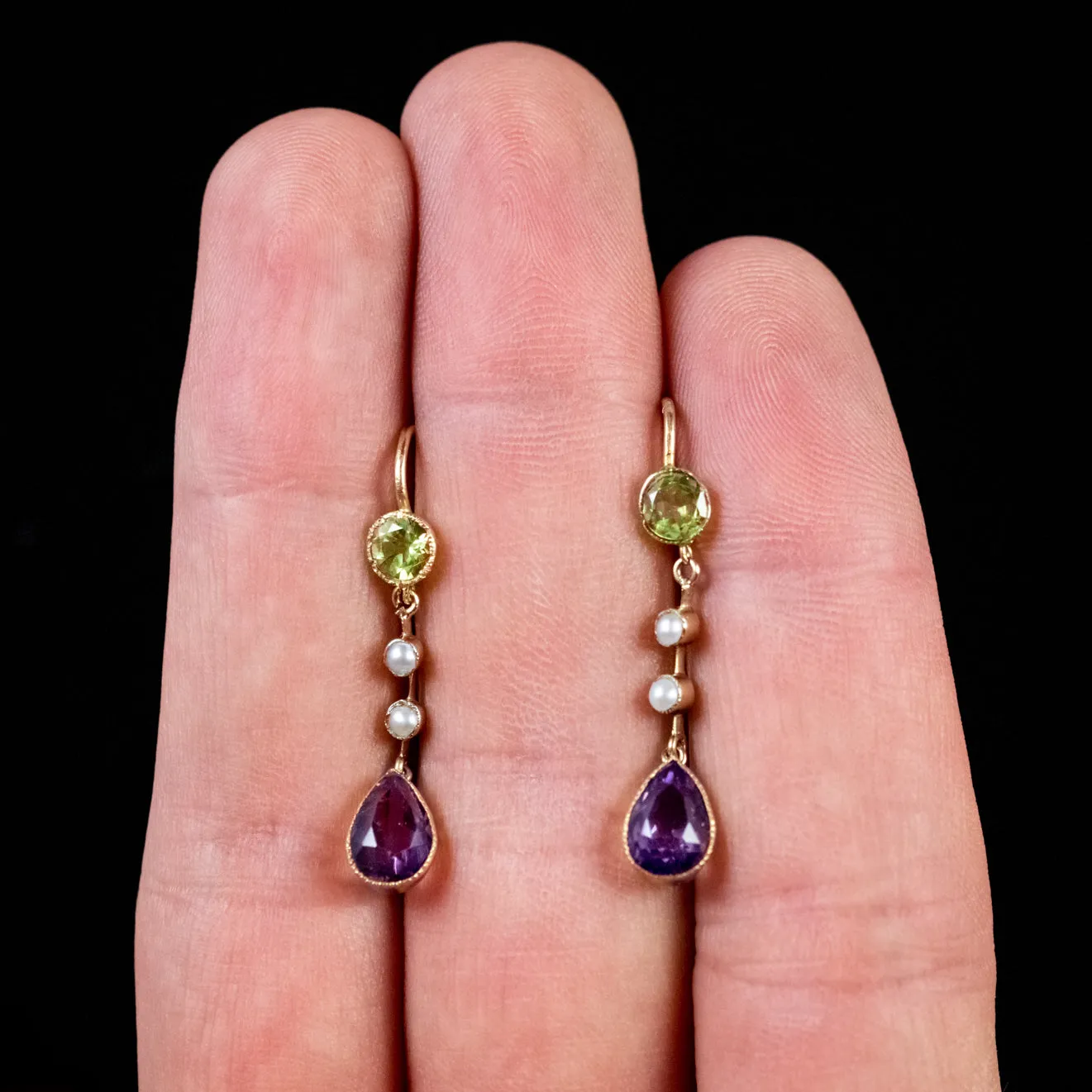 Antique Edwardian Suffragette Drop Earrings 18Ct Gold Circa 1915