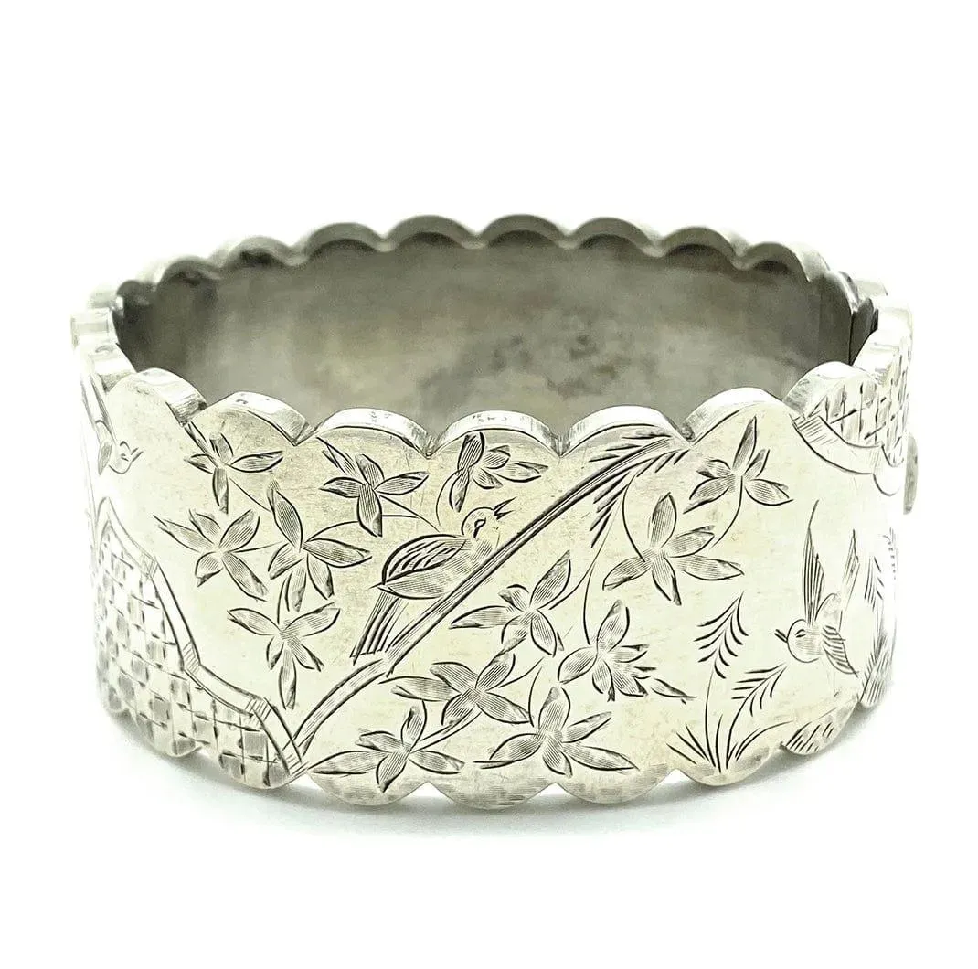 Antique Victorian Japonesque Silver Bangle Bracelet