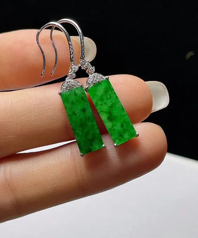 Art Green Sterling Silver Inlaid Zircon Rectangular Jade Drop Earrings AC1036