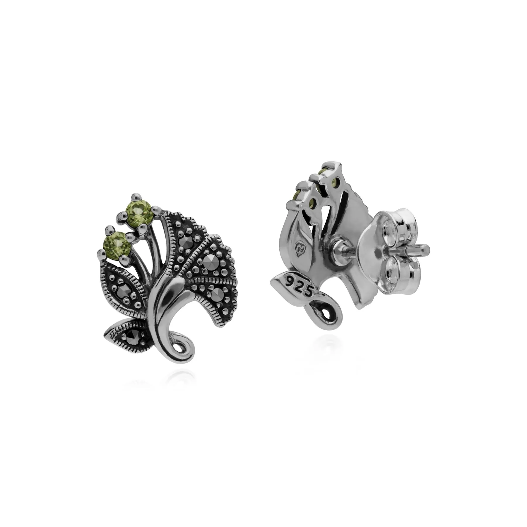 Art Nouveau Stil Peridot & Markasit Blattförmige Ohrstecker in 925 Sterling Silber