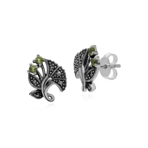 Art Nouveau Stil Peridot & Markasit Blattförmige Ohrstecker in 925 Sterling Silber