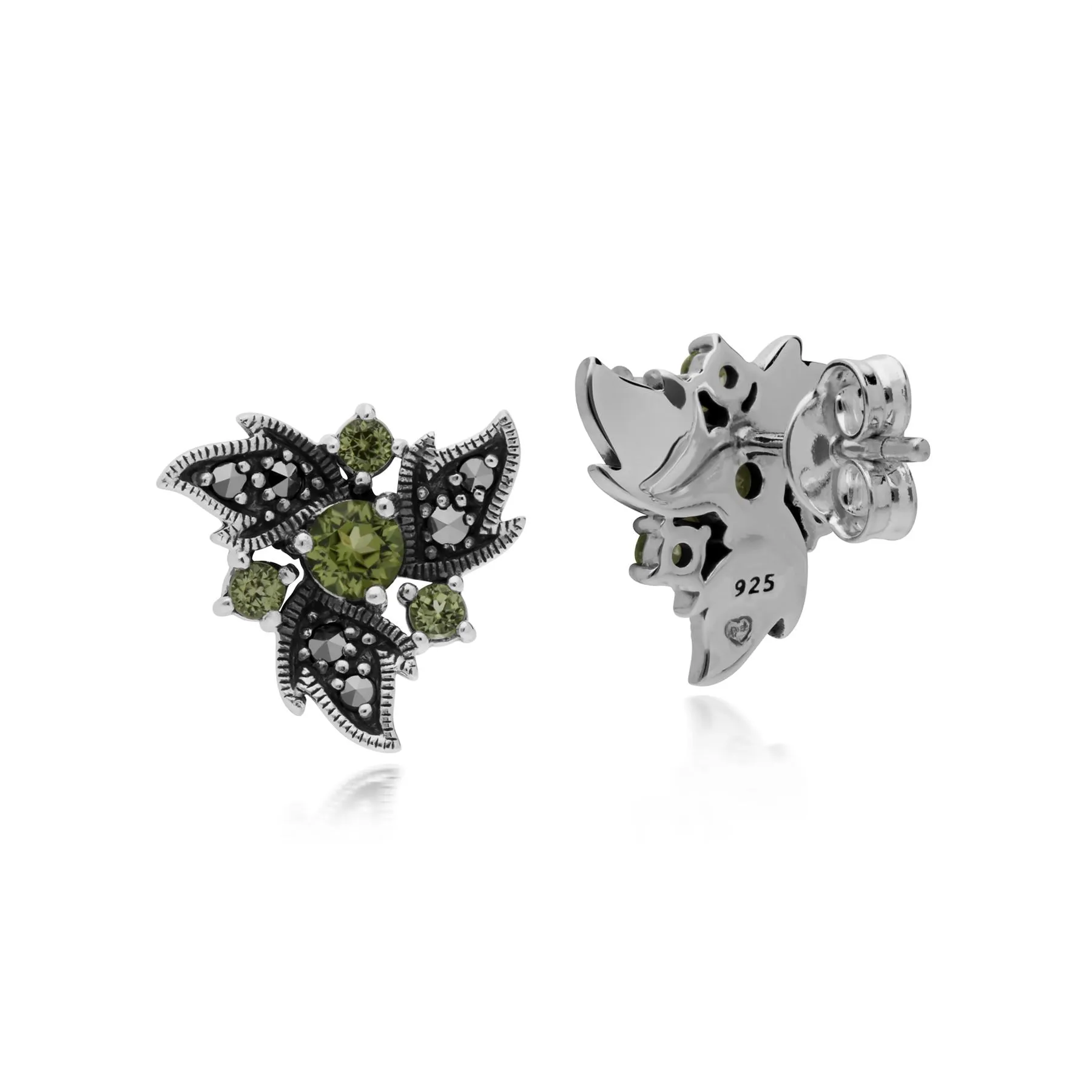 Art Nouveau Stil Peridot & Markasit Ohrstecker in 925 Sterling Silber