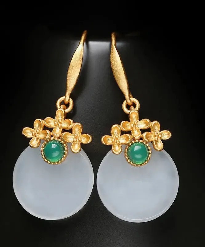 Art White Sterling Silver Overgild Inlaid Jade Floral Drop Earrings LY8525