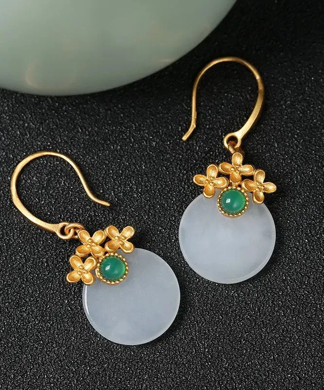 Art White Sterling Silver Overgild Inlaid Jade Floral Drop Earrings LY8525