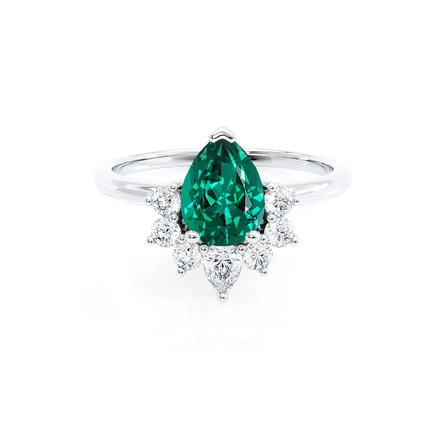 BALLET - Chatham® Pear Emerald & Diamond Half Halo Tiara Ring 18k White Gold