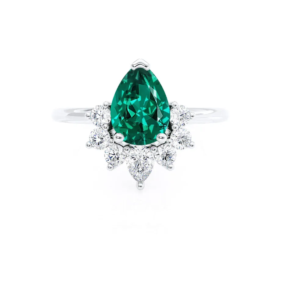 BALLET - Chatham® Pear Emerald & Diamond Half Halo Tiara Ring 18k White Gold