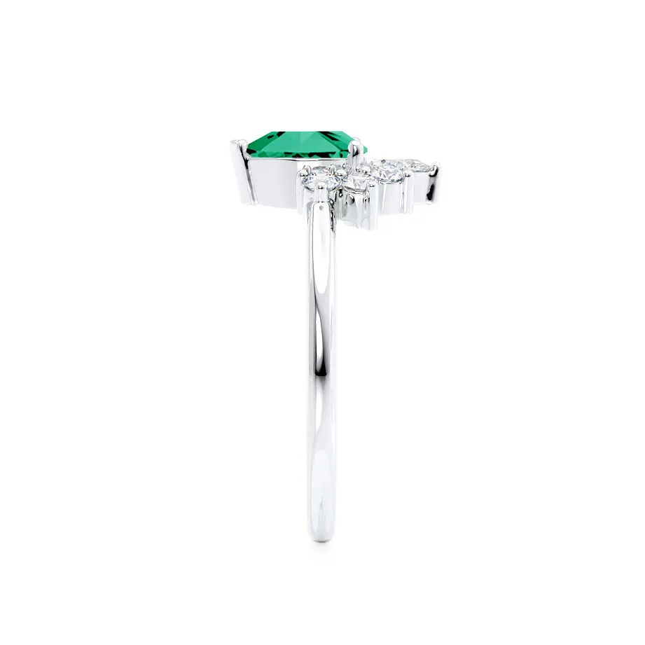 BALLET - Chatham® Pear Emerald & Diamond Half Halo Tiara Ring 18k White Gold