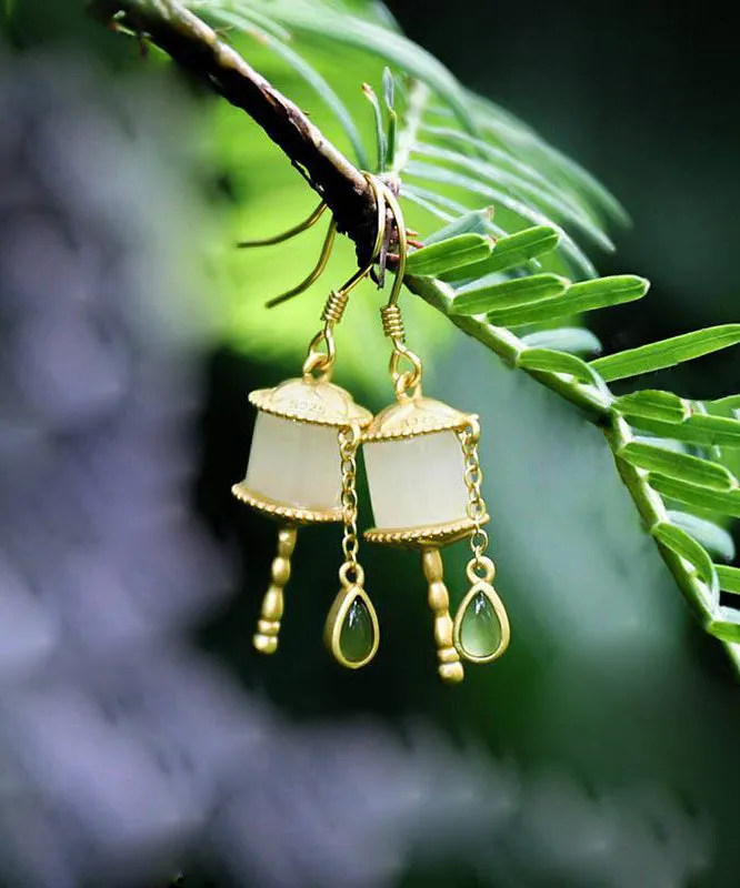 Beautiful Gold Sterling Silver Overgild Jade Tassel Drop Earrings GH1016