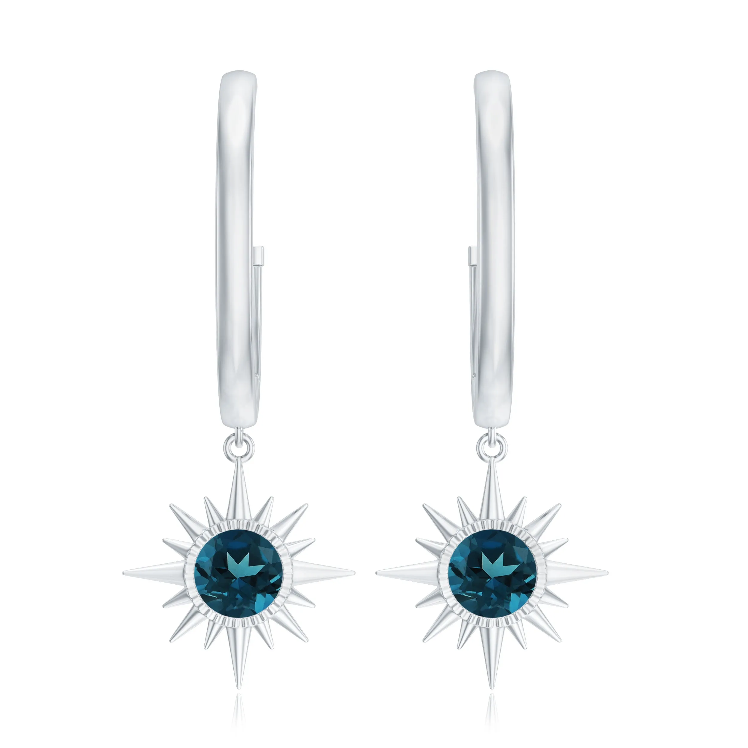 Bezel Set London Blue Topaz Sunburst Hoop Drop Earrings in Gold