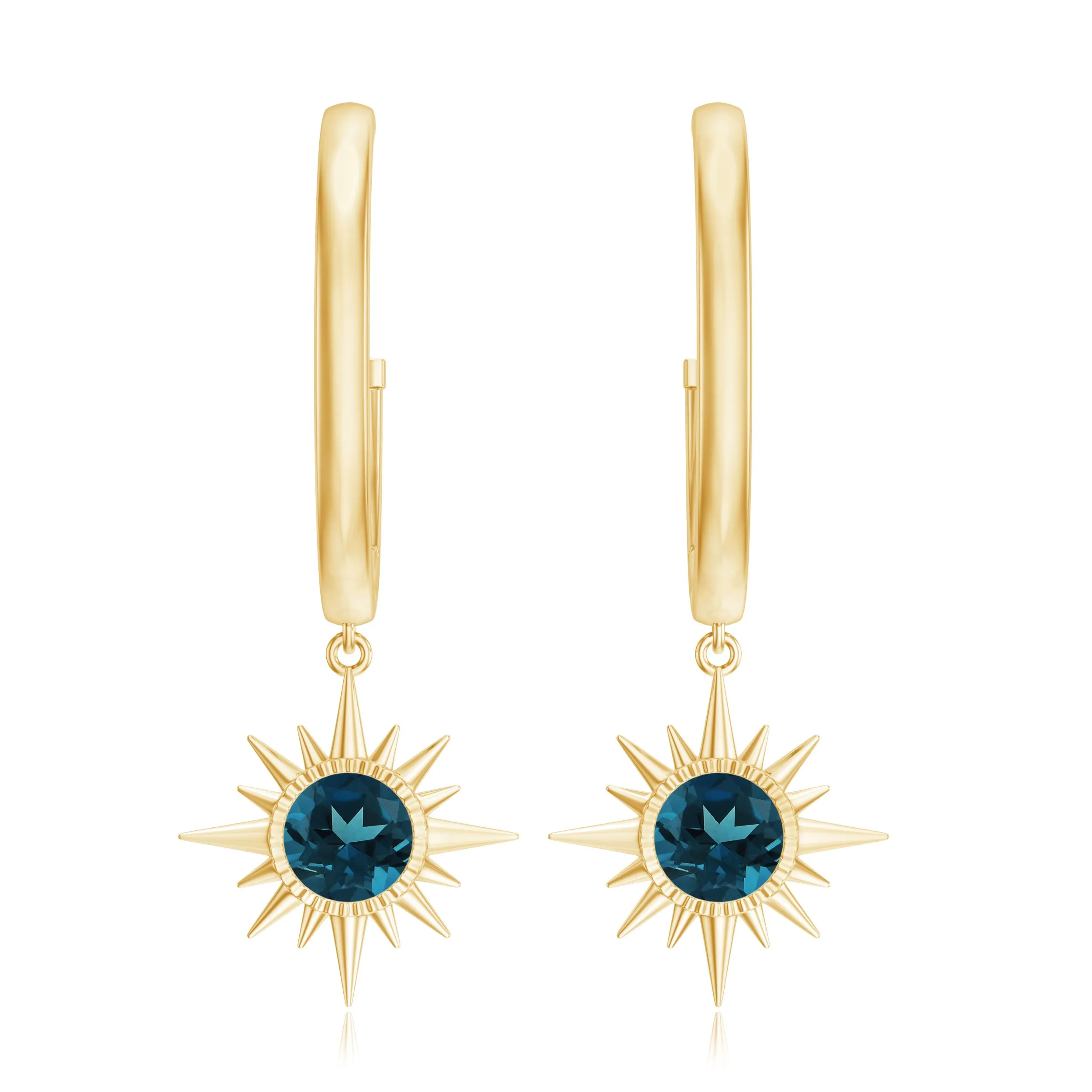 Bezel Set London Blue Topaz Sunburst Hoop Drop Earrings in Gold