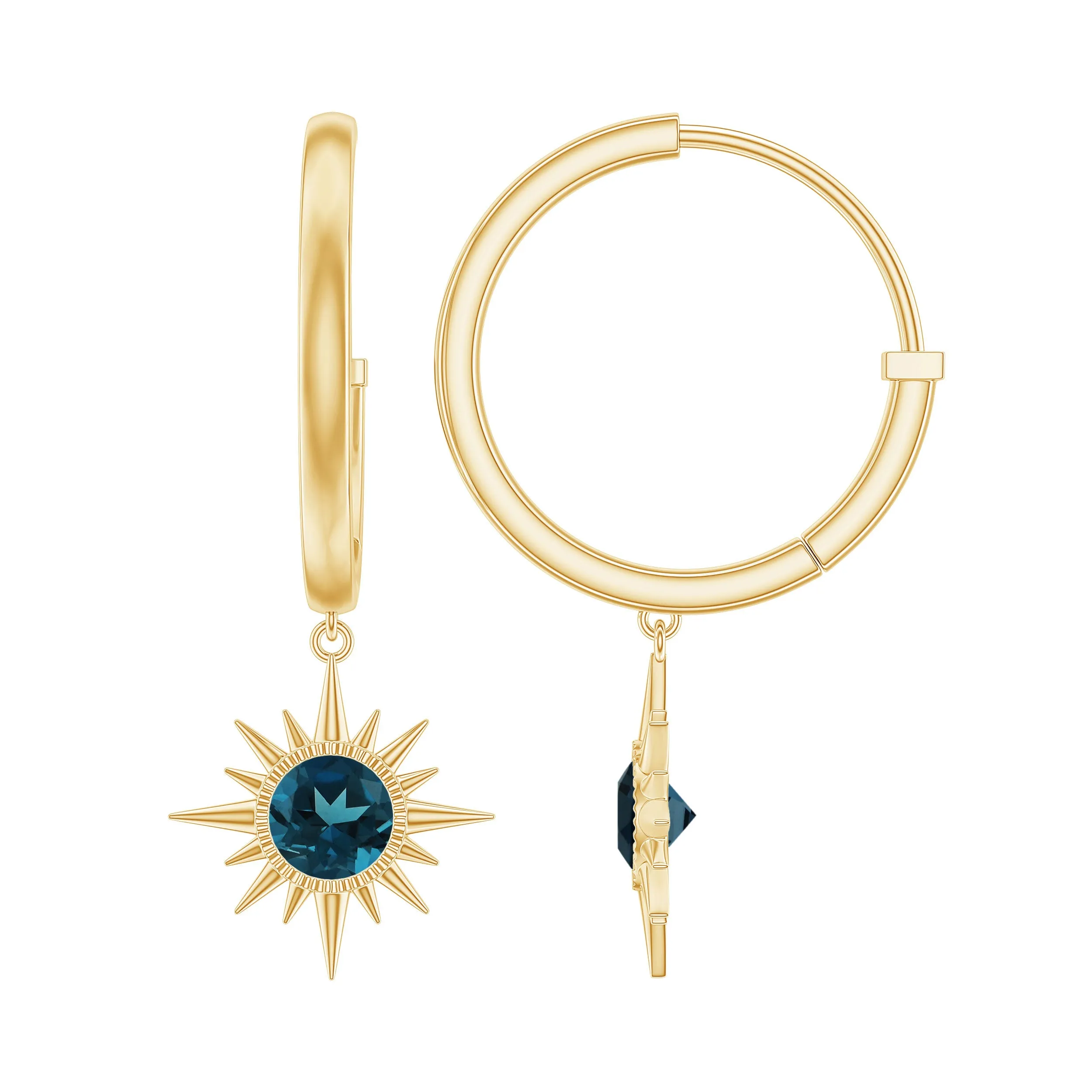 Bezel Set London Blue Topaz Sunburst Hoop Drop Earrings in Gold