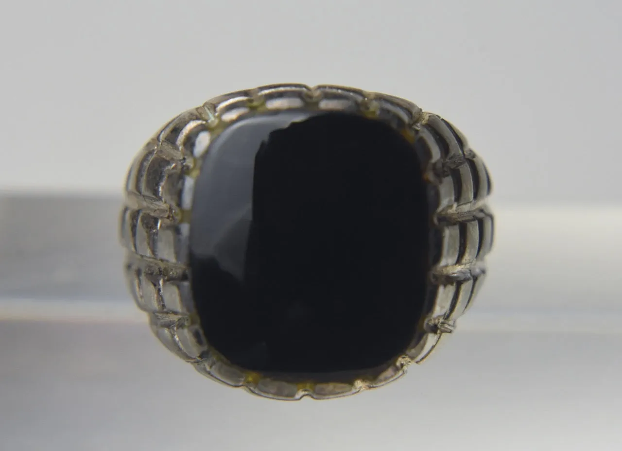 Black Onyx and Yellow Stone Sterling Silver Ring - Size 9.25