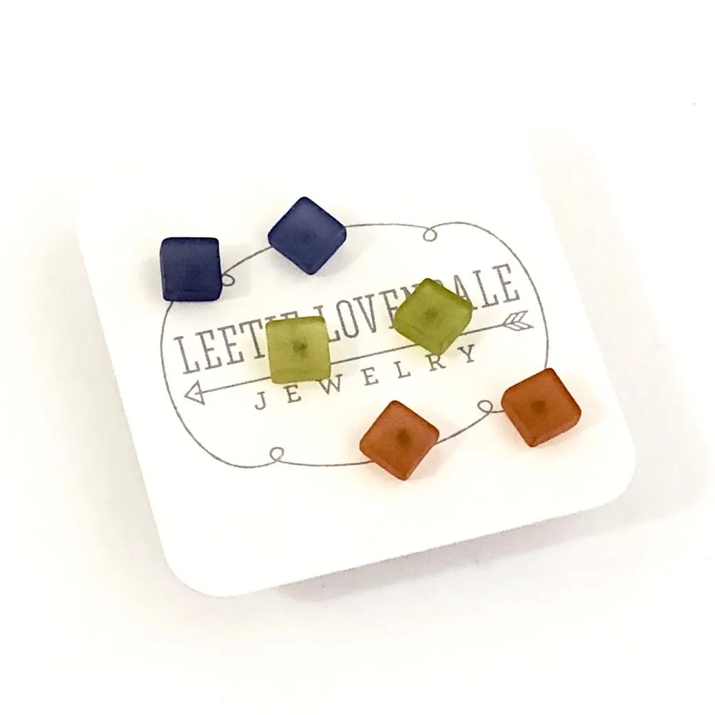 Blue Green & Brown Frosted Minimalist Mod Square Stud Earrings Set