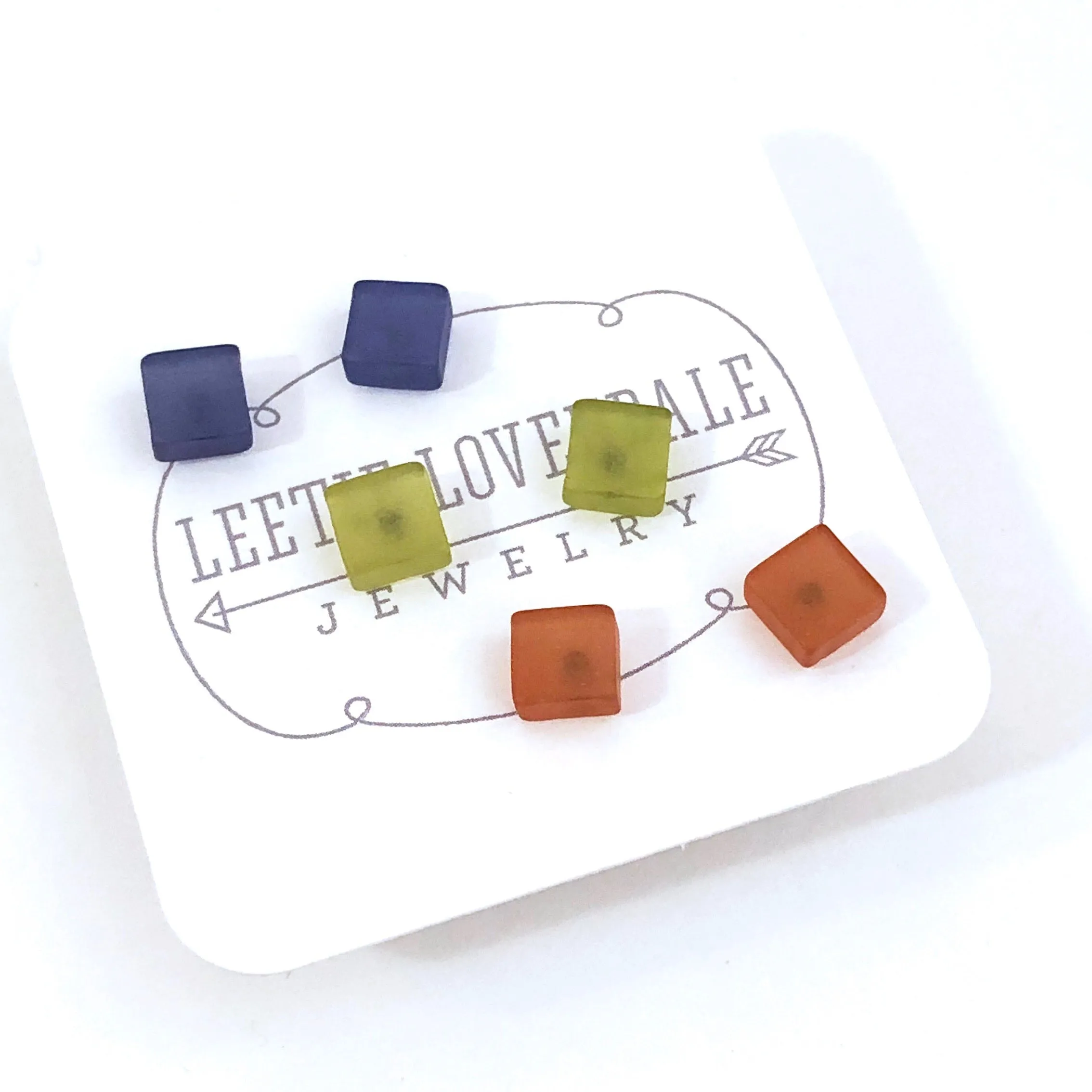 Blue Green & Brown Frosted Minimalist Mod Square Stud Earrings Set