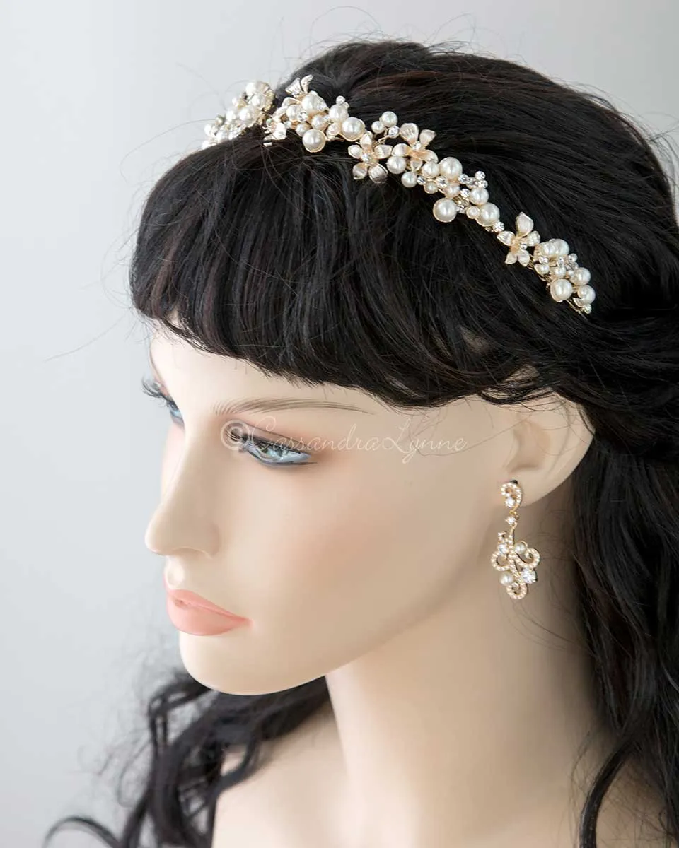 Bridal Headpiece of Flowers and Pearl Clusters